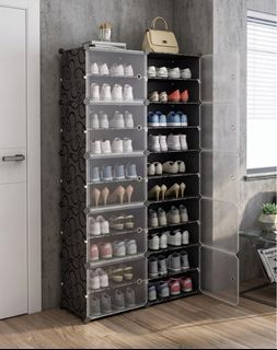 🪜 Stackable Plastic Shoe Box Cabinet Dustproof Shoe Storage Organiser Cubby Box| Minimalistic Black Stackable Box Cabinet Studio Apartment Living Room Furniture