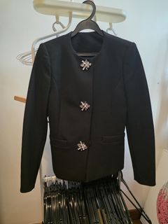 ZARA Black Boxy Blazer with Rhinestone Buttons, XS