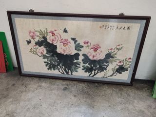 Framed Chinese Peony Painting with Butterflies