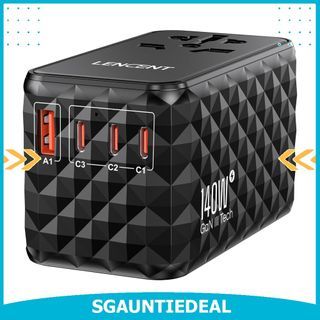 LENCENT 140W International Travel Adapter, GaN Universal Travel Adapter with 1 USB-A & 3 Type C Power Adapter, Fast Charger for Phone,Laptops, Worldwide Plug Adapter for USA/SG/EU/AUS, Black
