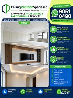 Partition wall, False ceiling, drywall partition, Room divider, door installation, window installation, glass panel, curve door installation, electrical work, plastering service, dismantle disposal, hacking, painting service, Tv wall, Office, Renovation