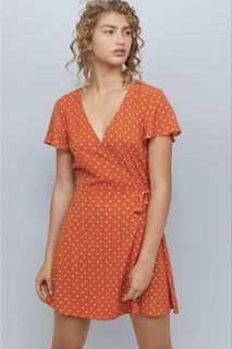 H&M Orange Polka Dot Wrap Dress with Flutter Sleeves
