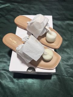 ALDO Beige Square Toe Slides with Gold Buckle Detail