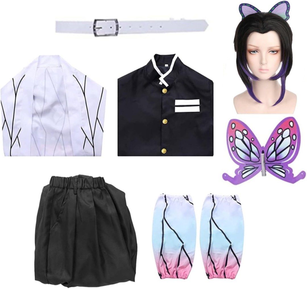 Demon Slayer Kimetsu No Yaiba KNY Shinobu Kocho & Kanao Tsuyuri, Kanae Cosplay Outfits Sword Butterfly Clips Available Nezuko Wig (Category: J-Wave Merchandise) located in Singapore. Submitted by spoingus (Listing ID 1449396042, Image 2). Description: - Selling 2 Demon Slayer cosplay outfits separately. - Shinobu Kocho set includes: uniform, butterfly-wing haori, wig and accessories (belts, butterfly hair clips and leg warmer) (Size M & L) both n