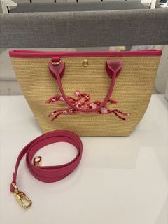 Longchamp Straw Tote Bag with Pink Trim and Embroidery