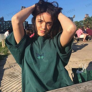 green butterfly shirt aesthetic dark green oversized boxy women