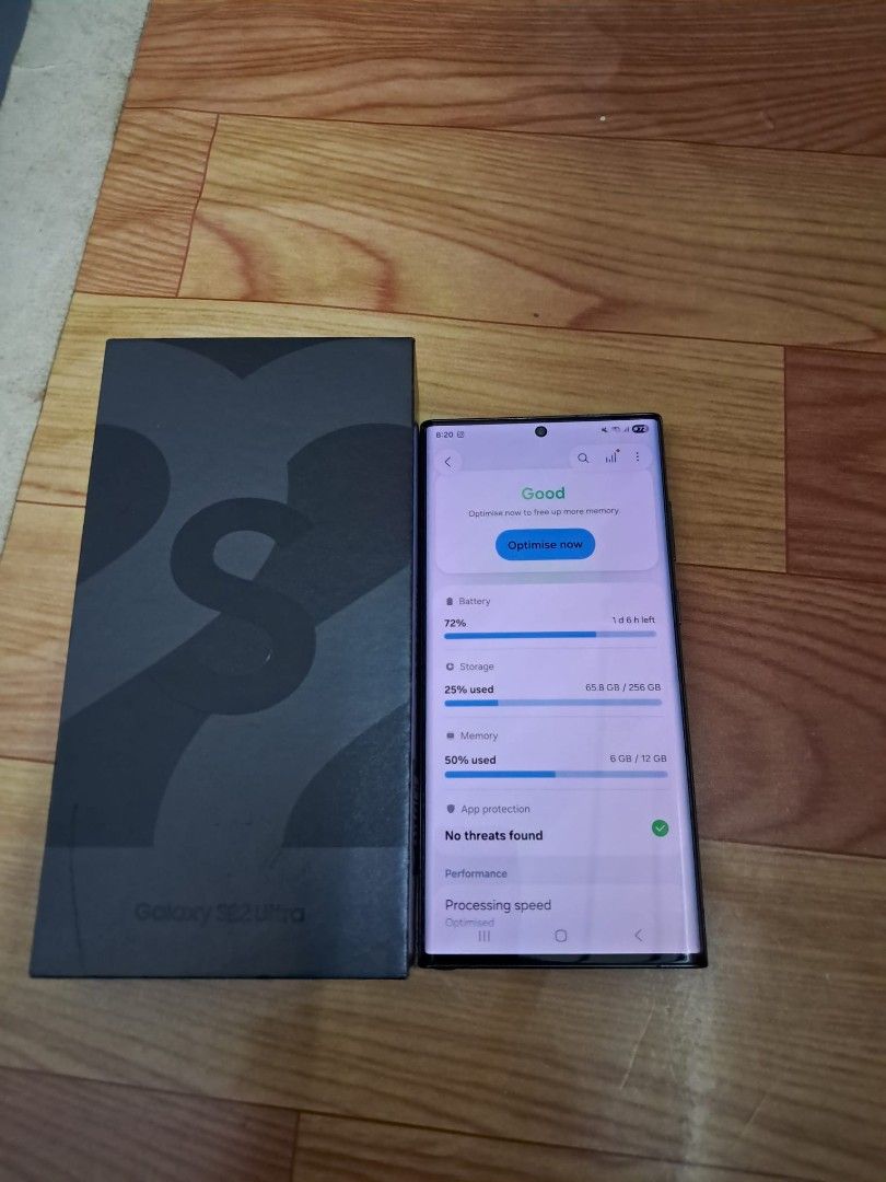 Galaxy S22 Ultra 5G 256GB Phantom Black (Category: Samsung) located in Singapore. Submitted by rejwan-161 (Listing ID 1364414993, Image 4). Description: This item very good conditions. No have any functional issue. Battery health is good..