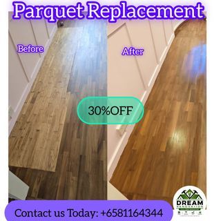 30% OFF for parquet replacement,  Parquet floor polishing, Wooden door trimming,  Door varnish,  Wooden damage repair, Loose parquet fixing,  Lifted parquet repair,  Parquet supply and installation, Deck repair and installation.