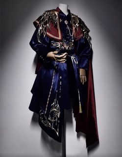 Blue Red Lolita Outfit Red Cape Blue Button Up Embroidered 映月原创设计 龙曜 汉洋折衷lolita中华风春季中性翻领衬衣刺绣斗篷军lo套装女 Cosplay
