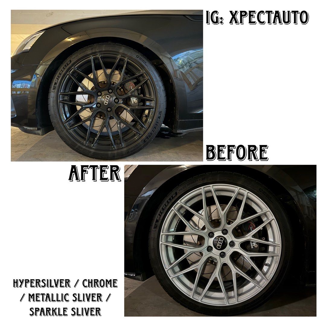 PROMO 🔥 RIM SPRAY / RESPRAY / KURB RASH REPAIR / CALIPER SPRAY / DECHROME / PLASTIC DIP 🔥 METALLIC SLIVER / SPARKLE SLIVER / HYPERSILVER / CHROME / LOGO / FRONT GRILLE / SIDE SKIRT / AUDI A4 A5 A3 A8 A6 / Q2 Q3 Q4 Q5 / S3 S3 S5 / TT TTS COUPE ROADSTER (Category: Exterior Customization) located in Singapore. Submitted by xpectauto (Listing ID 1447151912, Image 3). Description: IG: XPECTAUTO 🔥 Bored of how your rims look but don’t want to spend 