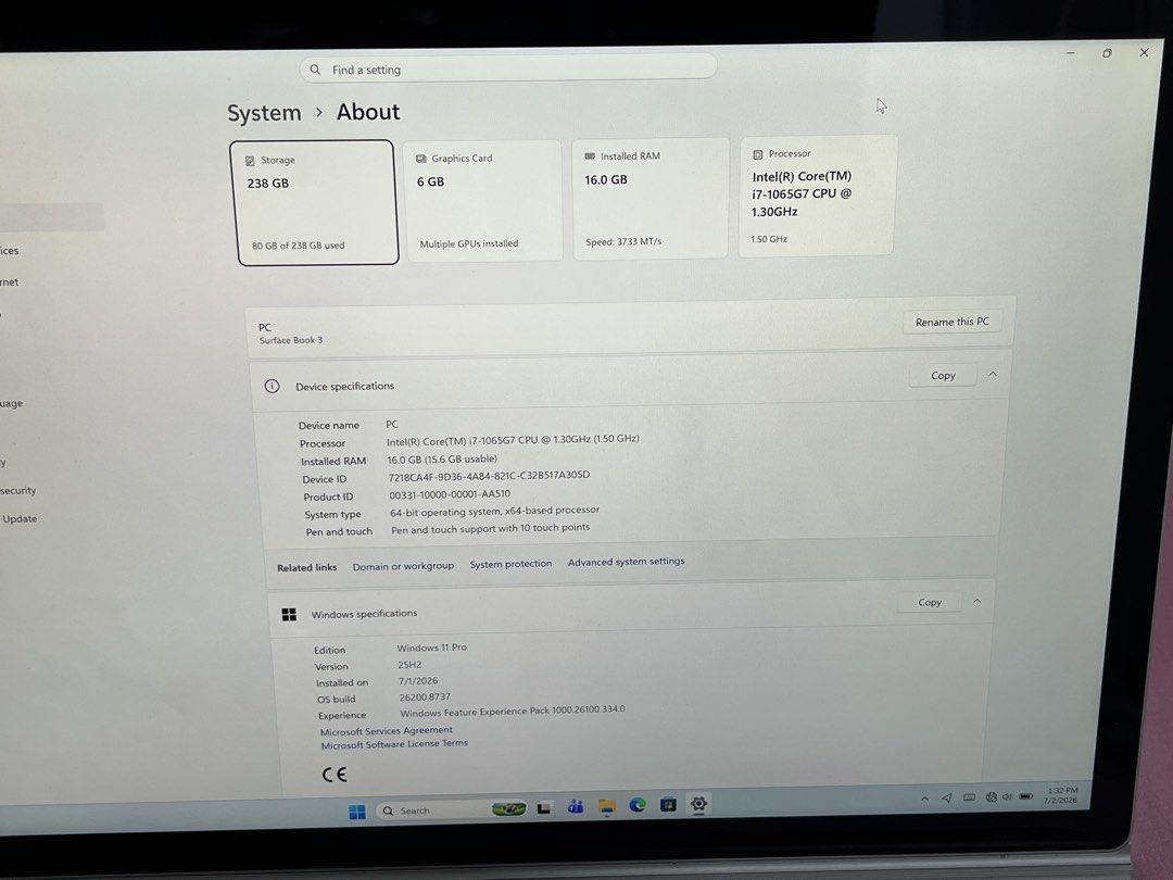 Surface Book-3 15.5 inch | i7-10th Gen | 16GB Ram & 256GB SSD | 15-inch (3240x2160) Ultra UHD Touchscreen | NVIDIA GeForce GTX 1660 6GB DDR6 Ti with Max-Q Graphics | Double Battery System | Battery Health 93% | Windows 11 Pro | MS Office 2021 installed (Category: Laptops & Notebooks) located in Singapore. Submitted by roseleetechsg (Listing ID 1447172311, Image 4). Description: <> Microsoft Surface Book-3 Detachable <> Intel Core i7-1065G7 Proces