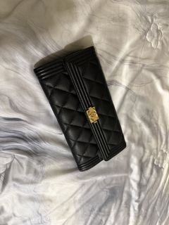 Like New Chanel Boy Long Wallet Black Caviar Leather Gold Hardware