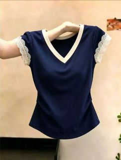 Navy Blue Top with White Lace Trim