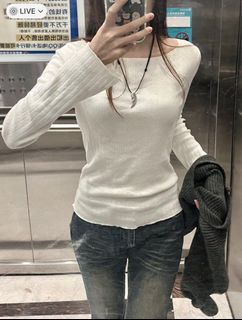 WTS Brandy Melville McKenna Eyelet Boat Neck Long Sleeve Top