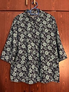 Vintage Navy Blue Floral Print 3/4 Sleeve Blouse