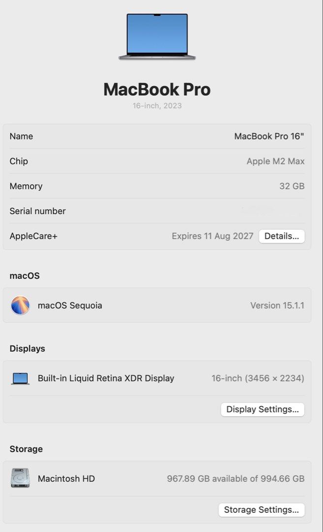(11/08/27) Apple M2 Max Macbook Pro 16” (32GB/1TB) (Category: Laptops & Notebooks) located in Singapore. Submitted by accezztech (Listing ID 1451759835, Image 2). Description: selling practically brand new macbook pro 16” with M2 Max chip (12 core 38 gpu) in 32GB/1TB configuration laptop is still under applecare+ til 11th August 2027 Battery health at 100% with 3 cycle count full box with unused charger and cable price is firm, purchased for more