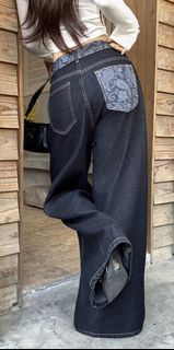 Dark Wash Wide Leg Jeans with Paisley Pocket Detail