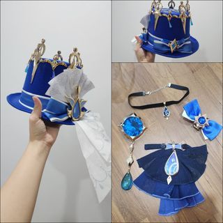 Genshin Impact Furina Cosplay Hat, Choker, Brooch, and Bow Set