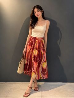 Vintage Pleated Midi Skirt with Abstract Print