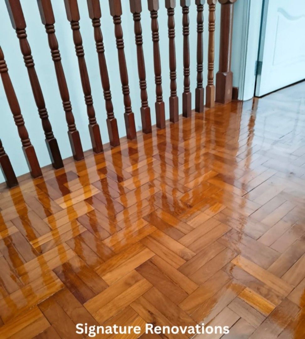 Parquet floor Varnish | Machine sanding polishing | Water damage repair | Stain repair | Scratch remove | Staircase repair | Staircase polish | kitchen top polish | Basin top polish | Deck repair| Deck installation | (Category: Parquet Flooring) located in Singapore. Submitted by signature_renovations (Listing ID 1441153985, Image 9). Description: Professional Parquet Floor Polish & Restoration Service Bring back the beauty and shine of your wood