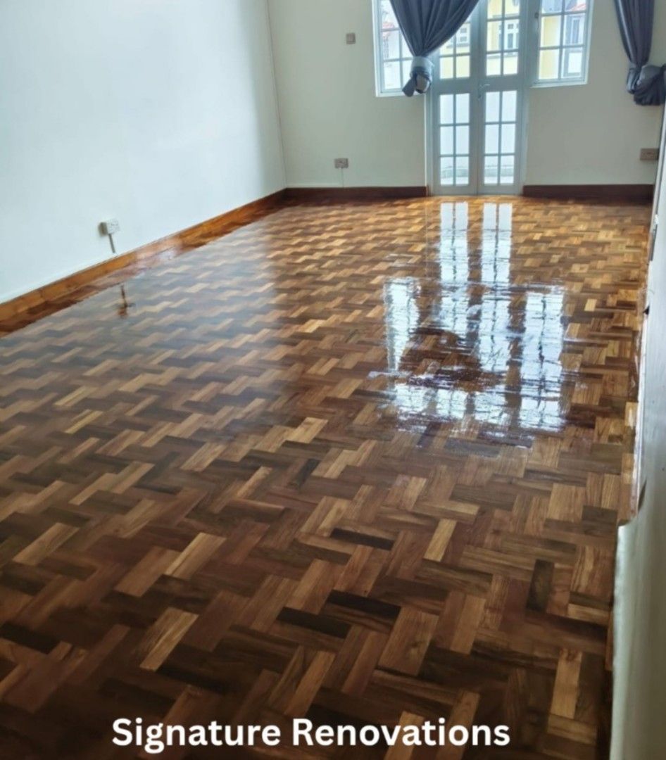 Parquet floor Varnish | Machine sanding polishing | Water damage repair | Stain repair | Scratch remove | Staircase repair | Staircase polish | kitchen top polish | Basin top polish | Deck repair| Deck installation | (Category: Parquet Flooring) located in Singapore. Submitted by signature_renovations (Listing ID 1441153985, Image 2). Description: Professional Parquet Floor Polish & Restoration Service Bring back the beauty and shine of your wood