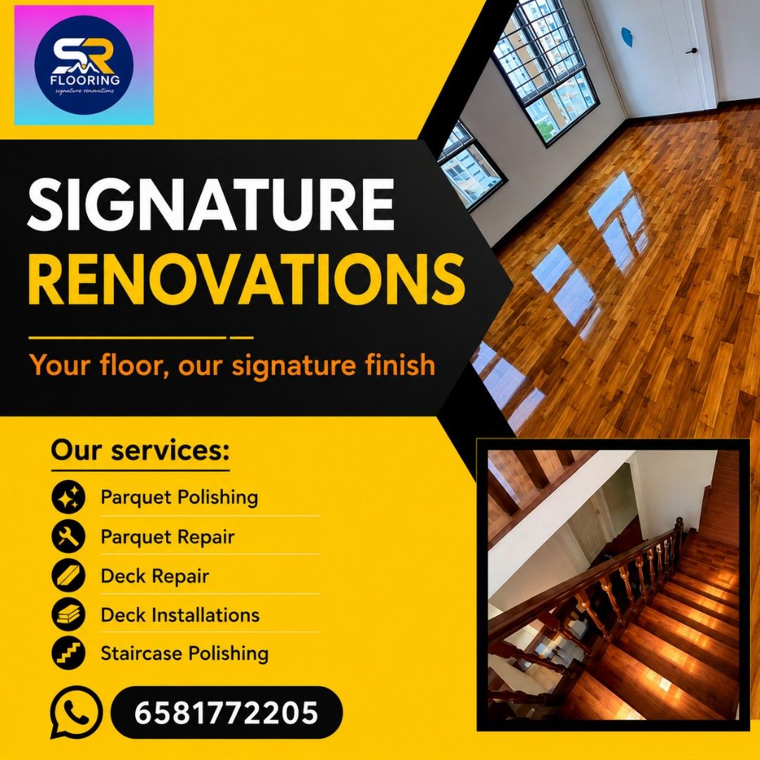 Parquet floor Varnish | Machine sanding polishing | Water damage repair | Stain repair | Scratch remove | Staircase repair | Staircase polish | kitchen top polish | Basin top polish | Deck repair| Deck installation | (Category: Parquet Flooring) located in Singapore. Submitted by signature_renovations (Listing ID 1441153985, Image 1). Description: Professional Parquet Floor Polish & Restoration Service Bring back the beauty and shine of your wood