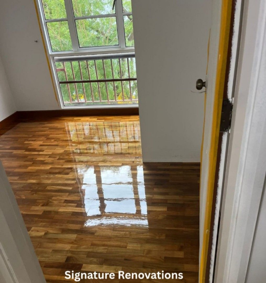 Parquet floor Varnish | Machine sanding polishing | Water damage repair | Stain repair | Scratch remove | Staircase repair | Staircase polish | kitchen top polish | Basin top polish | Deck repair| Deck installation | (Category: Parquet Flooring) located in Singapore. Submitted by signature_renovations (Listing ID 1441153985, Image 4). Description: Professional Parquet Floor Polish & Restoration Service Bring back the beauty and shine of your wood
