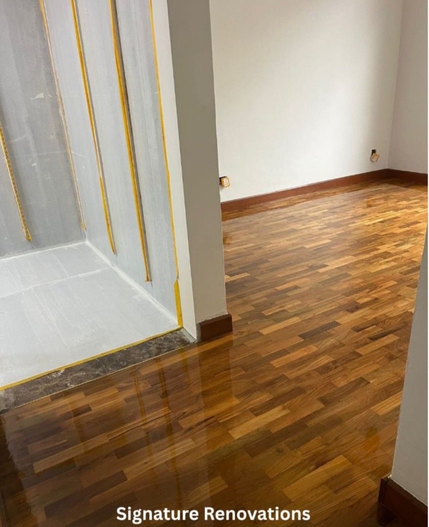 Parquet floor Varnish | Machine sanding polishing | Water damage repair | Stain repair | Scratch remove | Staircase repair | Staircase polish | kitchen top polish | Basin top polish | Deck repair| Deck installation | (Category: Parquet Flooring) located in Singapore. Submitted by signature_renovations (Listing ID 1441153985, Image 8). Description: Professional Parquet Floor Polish & Restoration Service Bring back the beauty and shine of your wood