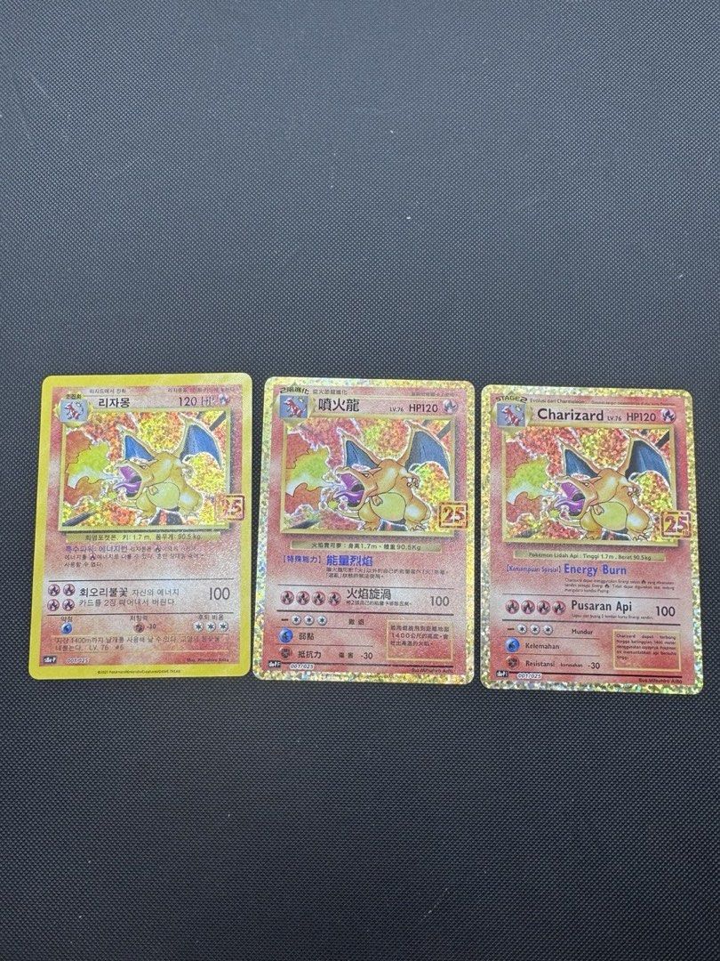 Pokemon Pokémon Charizard 25 Celebrations Foreign Languages (Korean, Indonesian, Mandarin ) - 3 cards (Category: Raw Cards) located in Singapore. Submitted by strawberryapplepie (Listing ID 1451910126, Image 1). Description: Pokemon Pokémon Charizard 25 Celebrations Korean, Indonesian, Mandarin $1000 NM 1. Assume Binder condition! 2. Ask for more photos if you need! No refunds once sold. 3. Will consider trades only for Disney Lorcana Enchanted o