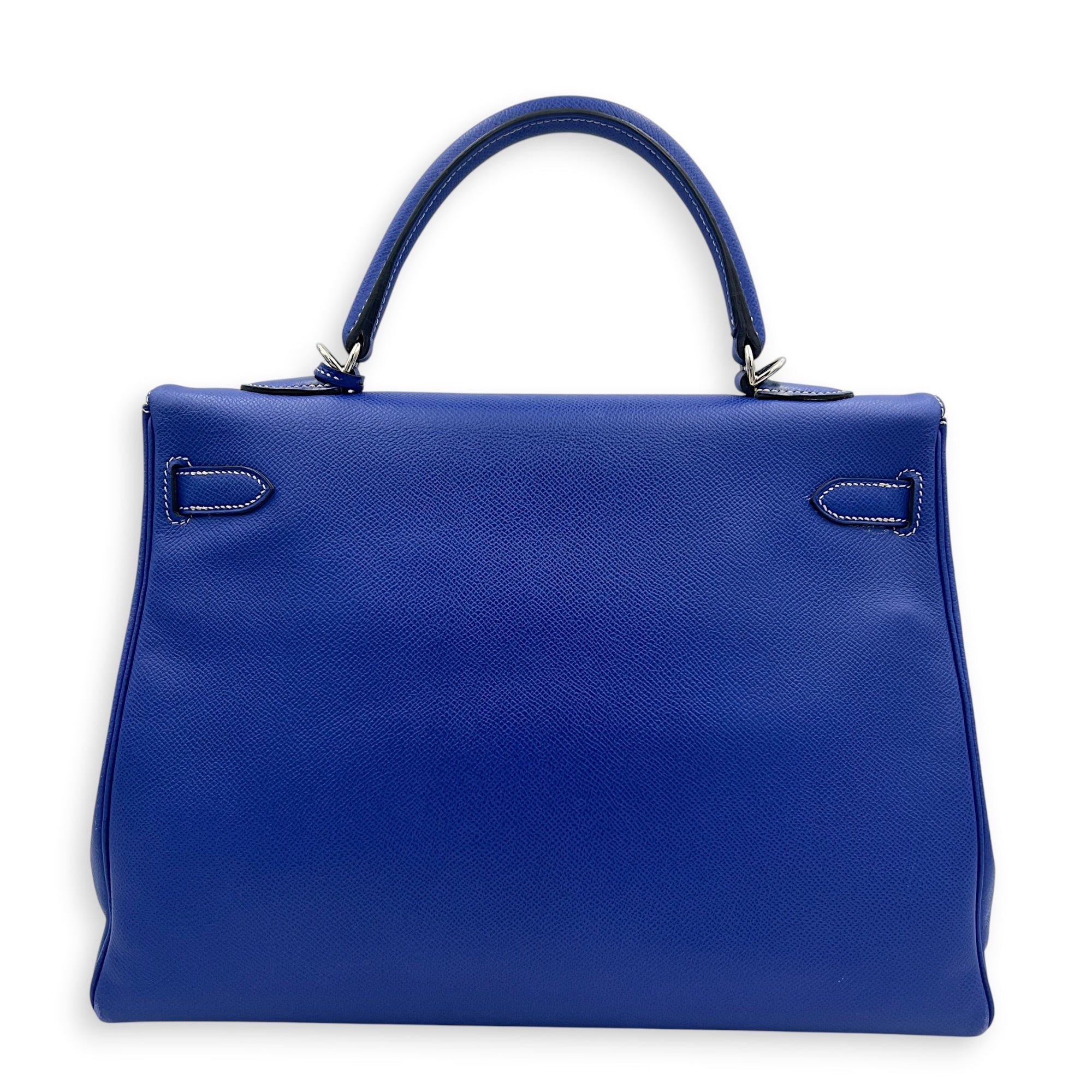 Hermès Kelly 35 Blue Electric/Mykonos Top Handle Bag in Epsom, Palladium hardware (Category: Bags & Wallets) located in Singapore. Submitted by carousellluxury (Listing ID 1452192953, Image 2). Description: SKU C2606-012653AN Material Epsom Size 35 Color Blue Electric/Mykonos Hardware Palladium Strap Included, detachable Dimension (L)32cm x (H)25cm x (W)13cm Accessories Care Card, Dust Bag, Raincoat, strap Series P in a square Circa Est NA Microc