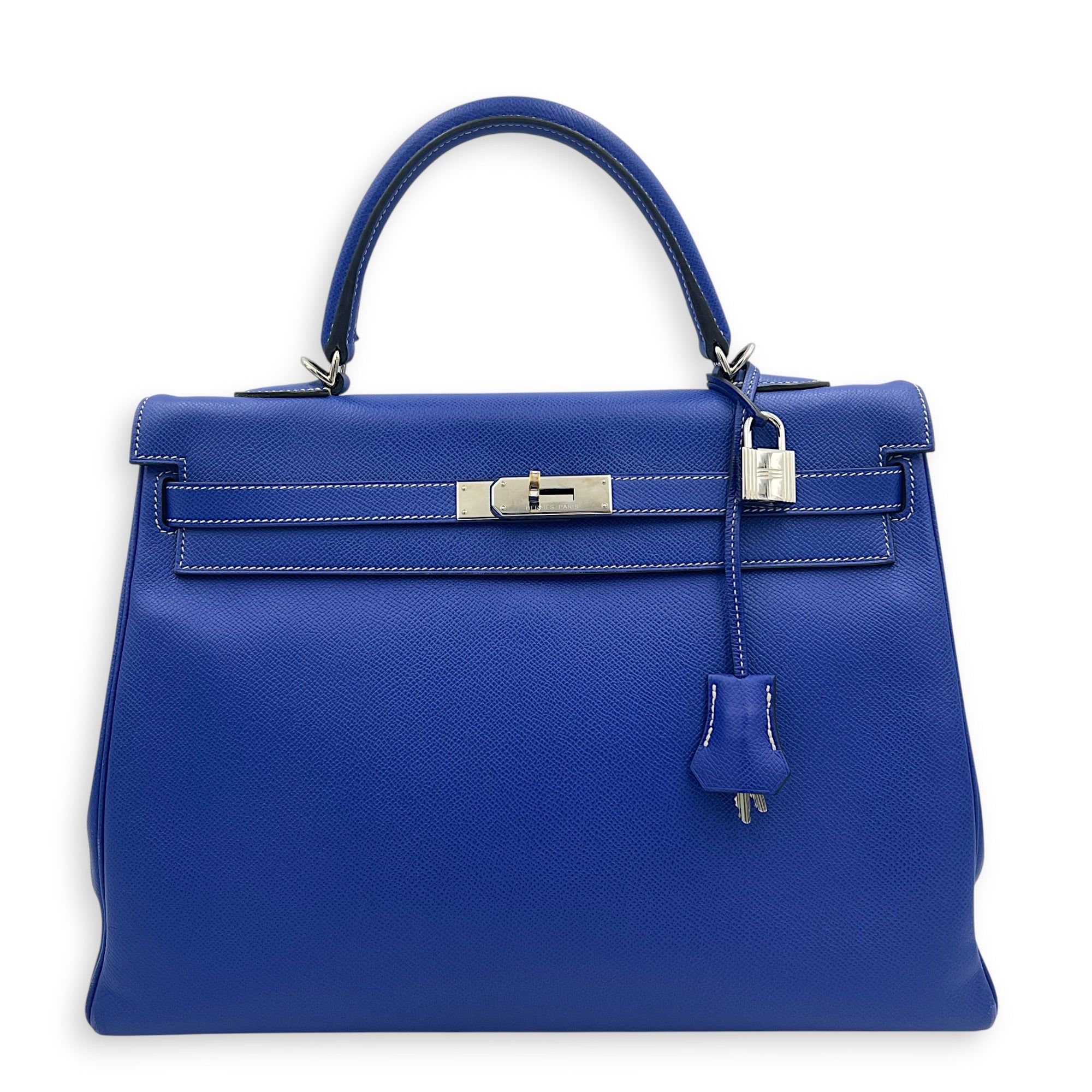 Hermès Kelly 35 Blue Electric/Mykonos Top Handle Bag in Epsom, Palladium hardware (Category: Bags & Wallets) located in Singapore. Submitted by carousellluxury (Listing ID 1452192953, Image 1). Description: SKU C2606-012653AN Material Epsom Size 35 Color Blue Electric/Mykonos Hardware Palladium Strap Included, detachable Dimension (L)32cm x (H)25cm x (W)13cm Accessories Care Card, Dust Bag, Raincoat, strap Series P in a square Circa Est NA Microc