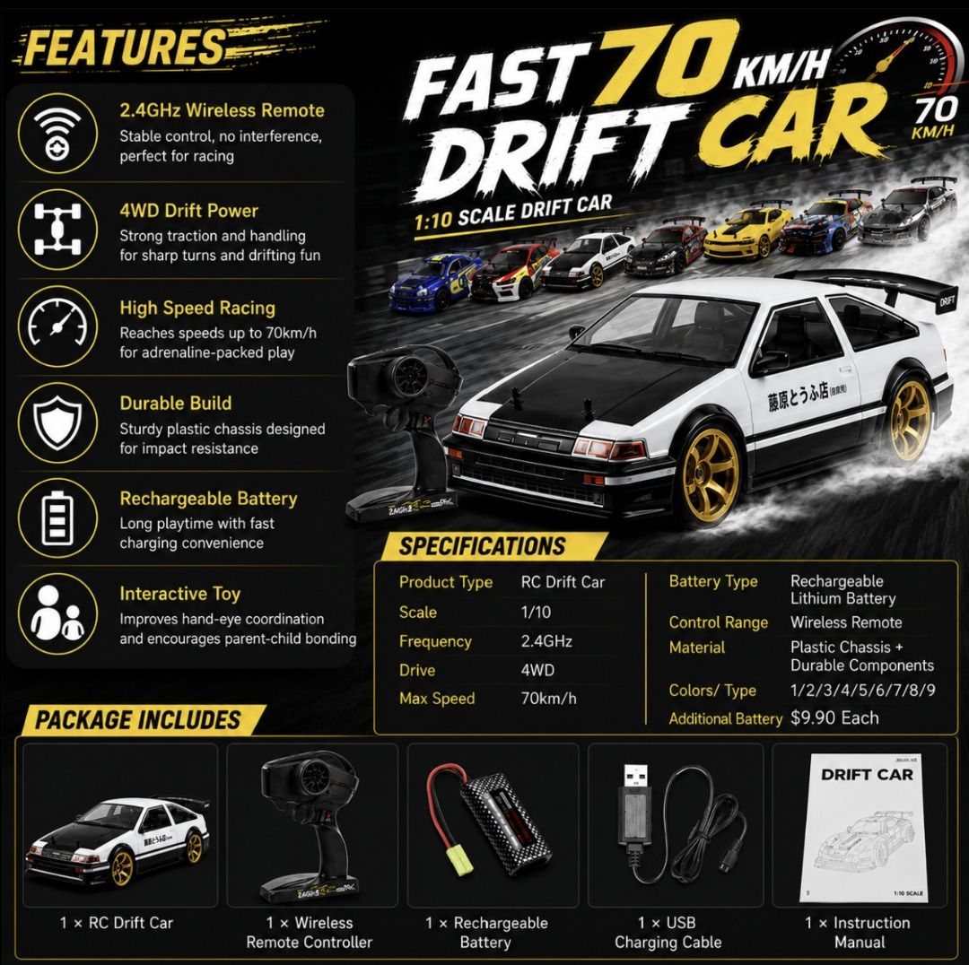 [Same Day Delivery] | 1/10 High-Speed RC Drift Car | 70KM/H Large Drift Car | Rechargeable Remote Control Large Drift Car King 1:10 | smart_cart (Category: Remote Control Toys) located in Singapore. Submitted by smart_cart (Listing ID 1435191100, Image 2). Description: G16A 💼💖 Welcome to smart_cart 💖💼 ✅ SG Local Seller – Ready Stock 🚚 Ships within 24–48 hours (excludes holidays) 📦 Receive in 1–3 working days 🛡️ Warranty Information All non