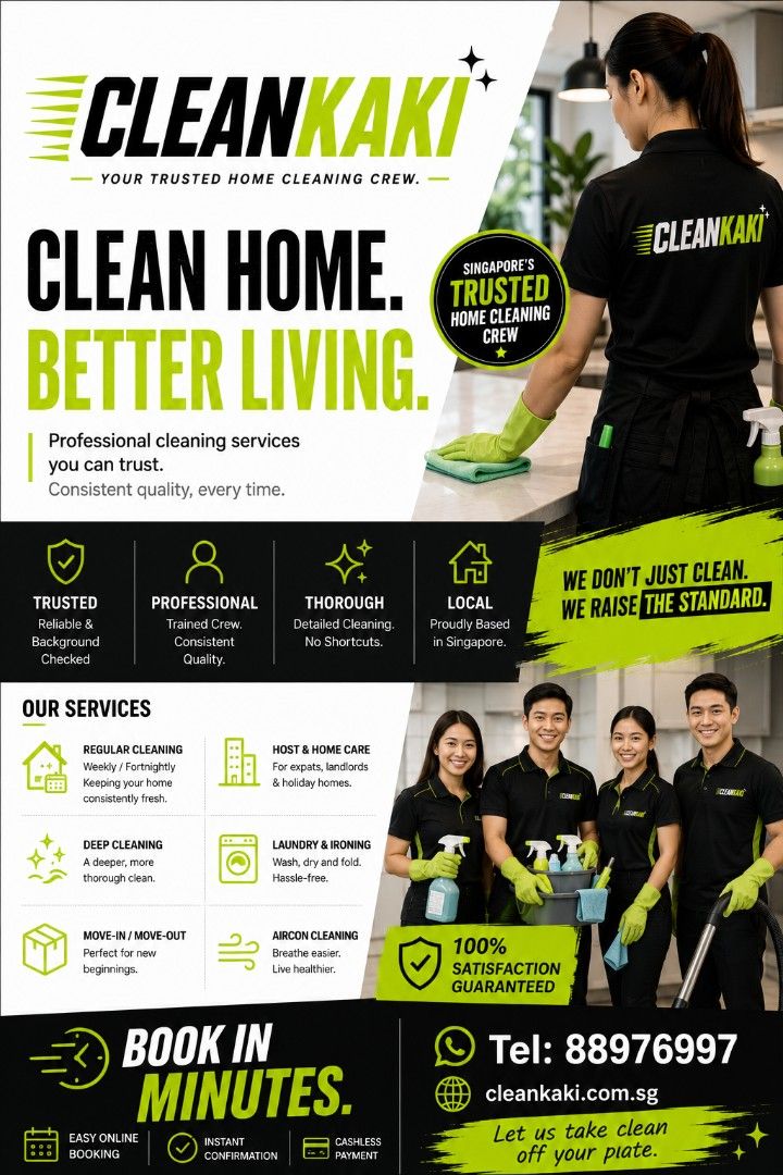 Residential Cleaning Services (Category: Deep Cleaning Services) located in Singapore. Submitted by kanghandyman (Listing ID 1452451652, Image 1). Description: 🏡 CleanKaki | Your Trusted Home Cleaning Crew ✨ Professional Residential Cleaning Services in Singapore Looking for a reliable home cleaning service? CleanKaki provides high-quality, hassle-free cleaning for HDBs, condominiums and landed homes. Our trained team delivers consistent results