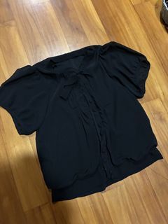 Vintage Y2K Black Puff Sleeve Bow Detail Blouse