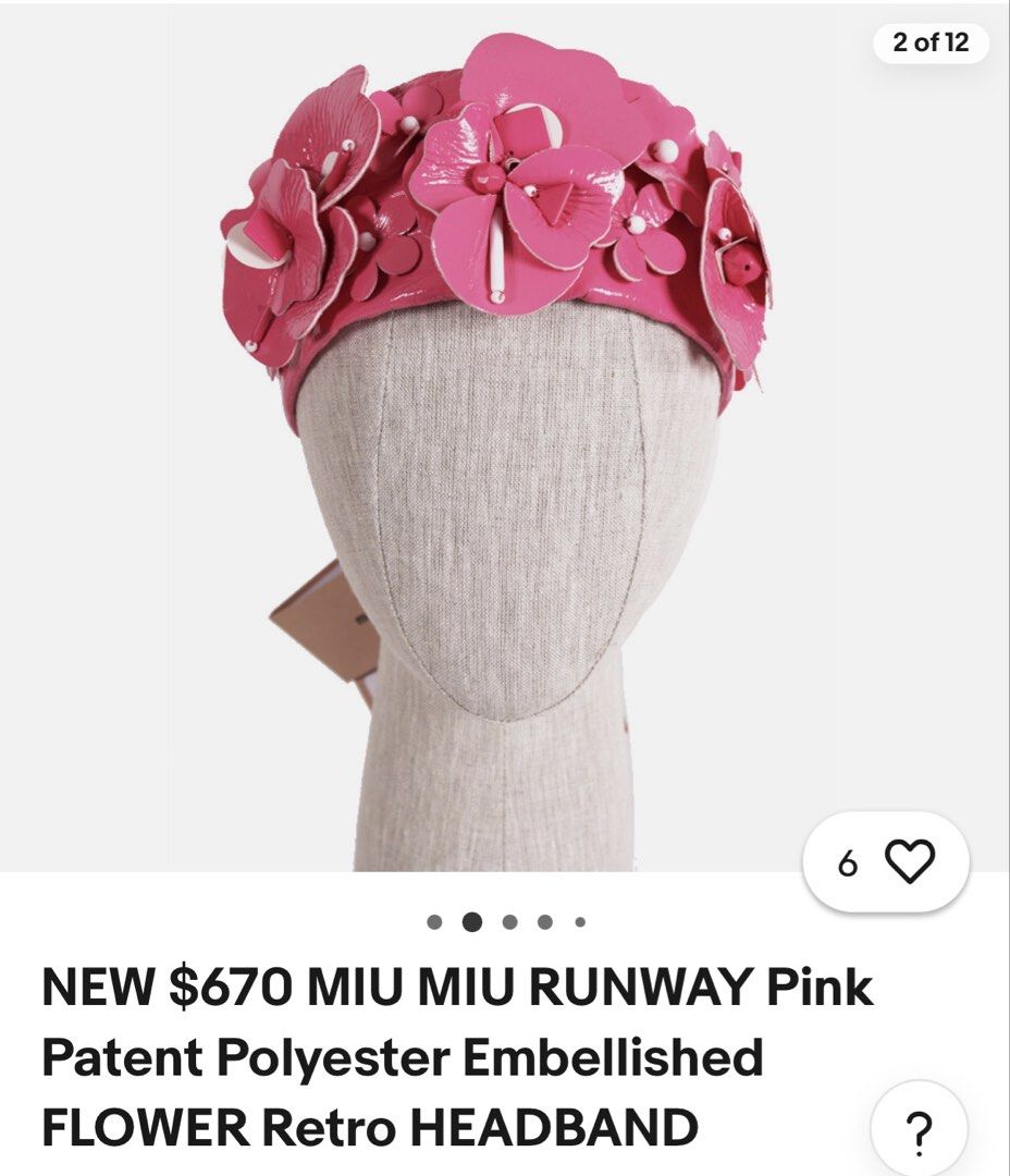 BN Authentic MIU MIU Runway headband Pink retro embellished flower accessories (Category: Accessories) located in Singapore. Submitted by slashstash (Listing ID 1452982478, Image 1). Description: - Brand new Authentic Miu Miu runway headband in pink (verify online and photos) - Features retro-inspired embellished flowers and pearls, statement piece - Note on slight mark on the inner band, cant be seen if worn.