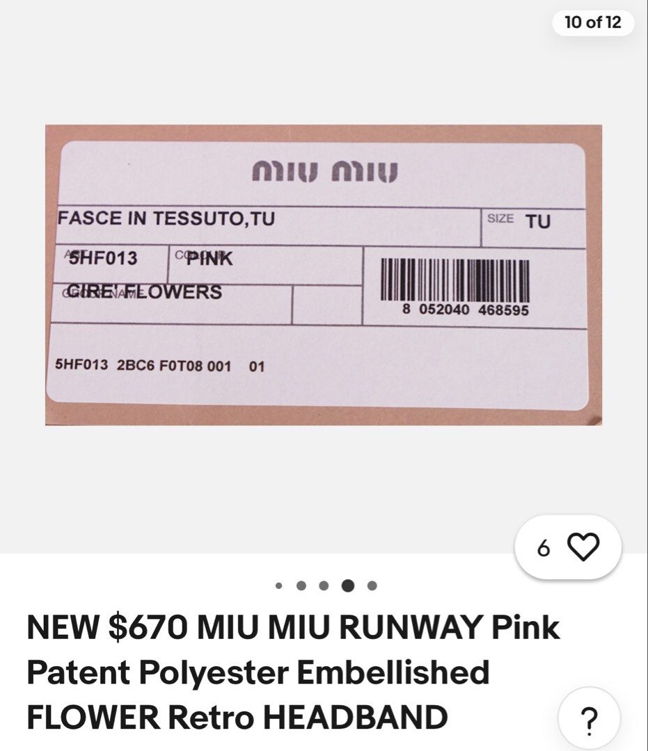 BN Authentic MIU MIU Runway headband Pink retro embellished flower accessories (Category: Accessories) located in Singapore. Submitted by slashstash (Listing ID 1452982478, Image 8). Description: - Brand new Authentic Miu Miu runway headband in pink (verify online and photos) - Features retro-inspired embellished flowers and pearls, statement piece - Note on slight mark on the inner band, cant be seen if worn.