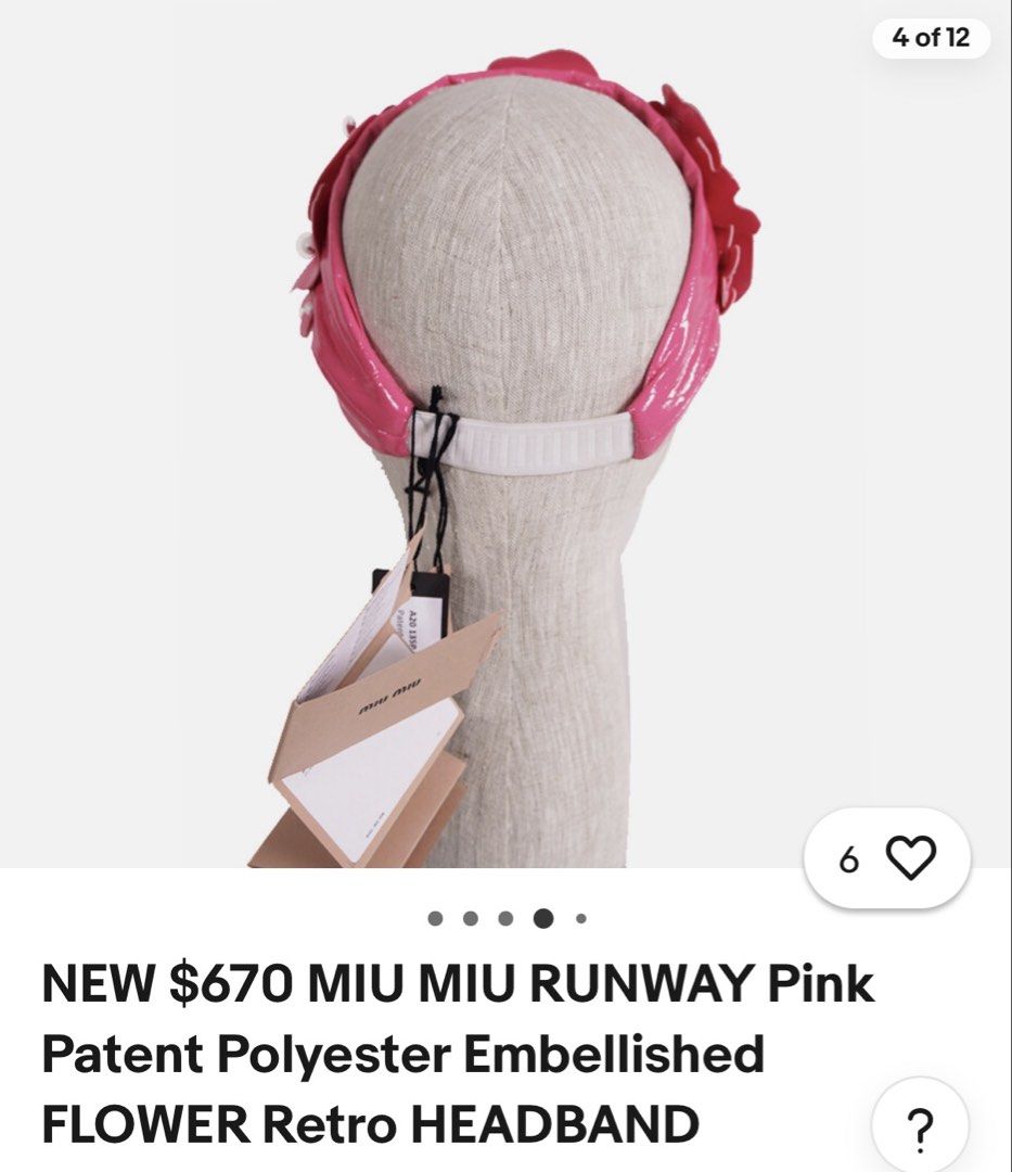 BN Authentic MIU MIU Runway headband Pink retro embellished flower accessories (Category: Accessories) located in Singapore. Submitted by slashstash (Listing ID 1452982478, Image 6). Description: - Brand new Authentic Miu Miu runway headband in pink (verify online and photos) - Features retro-inspired embellished flowers and pearls, statement piece - Note on slight mark on the inner band, cant be seen if worn.