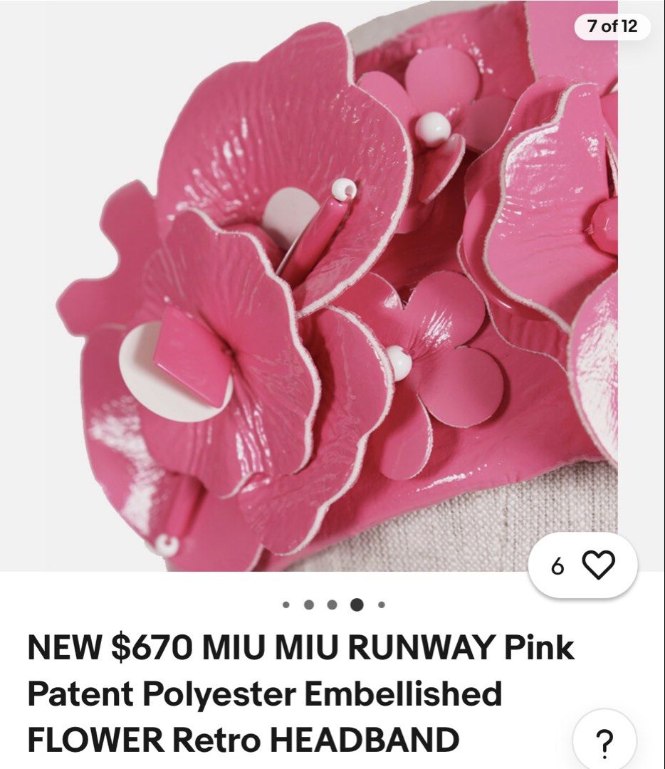 BN Authentic MIU MIU Runway headband Pink retro embellished flower accessories (Category: Accessories) located in Singapore. Submitted by slashstash (Listing ID 1452982478, Image 7). Description: - Brand new Authentic Miu Miu runway headband in pink (verify online and photos) - Features retro-inspired embellished flowers and pearls, statement piece - Note on slight mark on the inner band, cant be seen if worn.