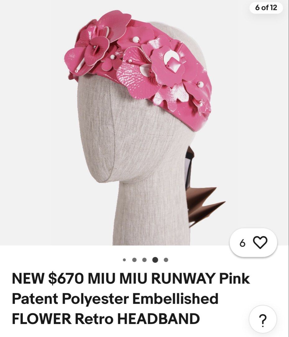 BN Authentic MIU MIU Runway headband Pink retro embellished flower accessories (Category: Accessories) located in Singapore. Submitted by slashstash (Listing ID 1452982478, Image 5). Description: - Brand new Authentic Miu Miu runway headband in pink (verify online and photos) - Features retro-inspired embellished flowers and pearls, statement piece - Note on slight mark on the inner band, cant be seen if worn.