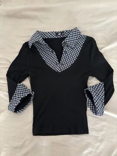 Black Three-Quarter Sleeve Top with Plaid Collar