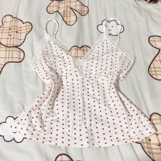 White cami top with red hearts and lace trim like brandy