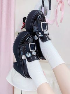 Size 34 Jiraikei style platform shoes Lolita shoes Platform Mary Jane Loafers Women's Slip on Leather Shoes cosplay shoes Black Patent Platform Loafers with Rhinestone Bows