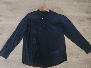 Navy Blue Long Sleeve Shirt with Mandarin Collar