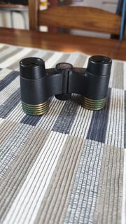 Vintage Compact Black Binoculars with Gold and Green Accents