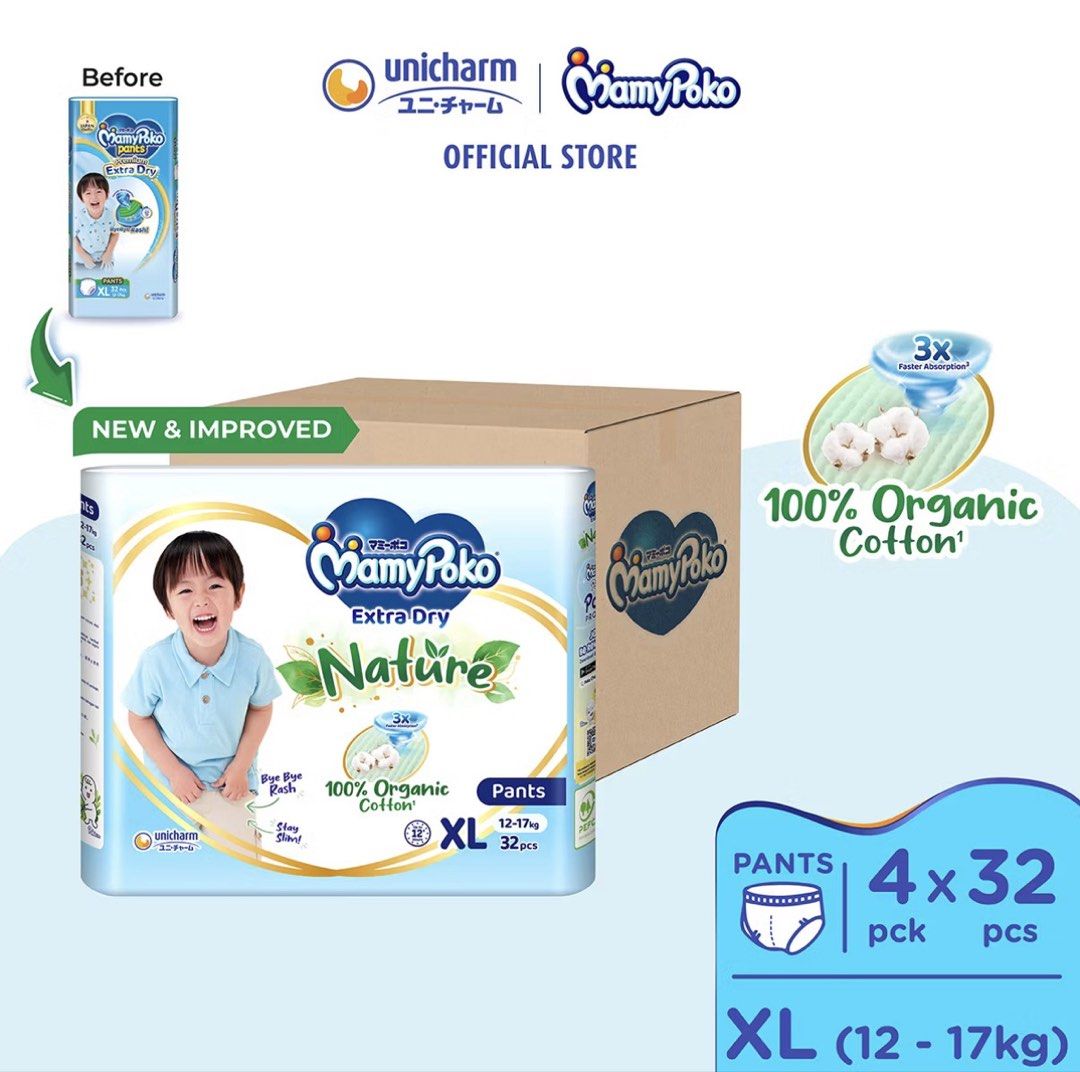 MamyPoko Extra Dry Nature Pants XL (12-17kg) 4 Packs (Category: Diapers & Baby Wipes) located in Singapore. Submitted by beltham (Listing ID 1448504019, Image 1). Description: - MamyPoko Extra Dry Nature Pants 4 packs for $55 5 packs for $60 For self-collection only Price slightly nego for fast, fuss-free deal - Size: XL (fits 12-17kg) - Quantity: 32 pcs in each pack - Material: 100% organic cotton - Features: New & improved formula for extra dry