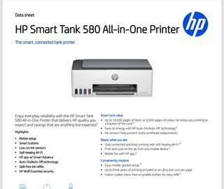 Almost Brand New  HP Smart Tank 580 All in One Colour Printer