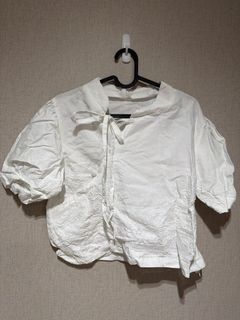 Vintage White Embroidered Puff Sleeve Blouse with Tie Neck