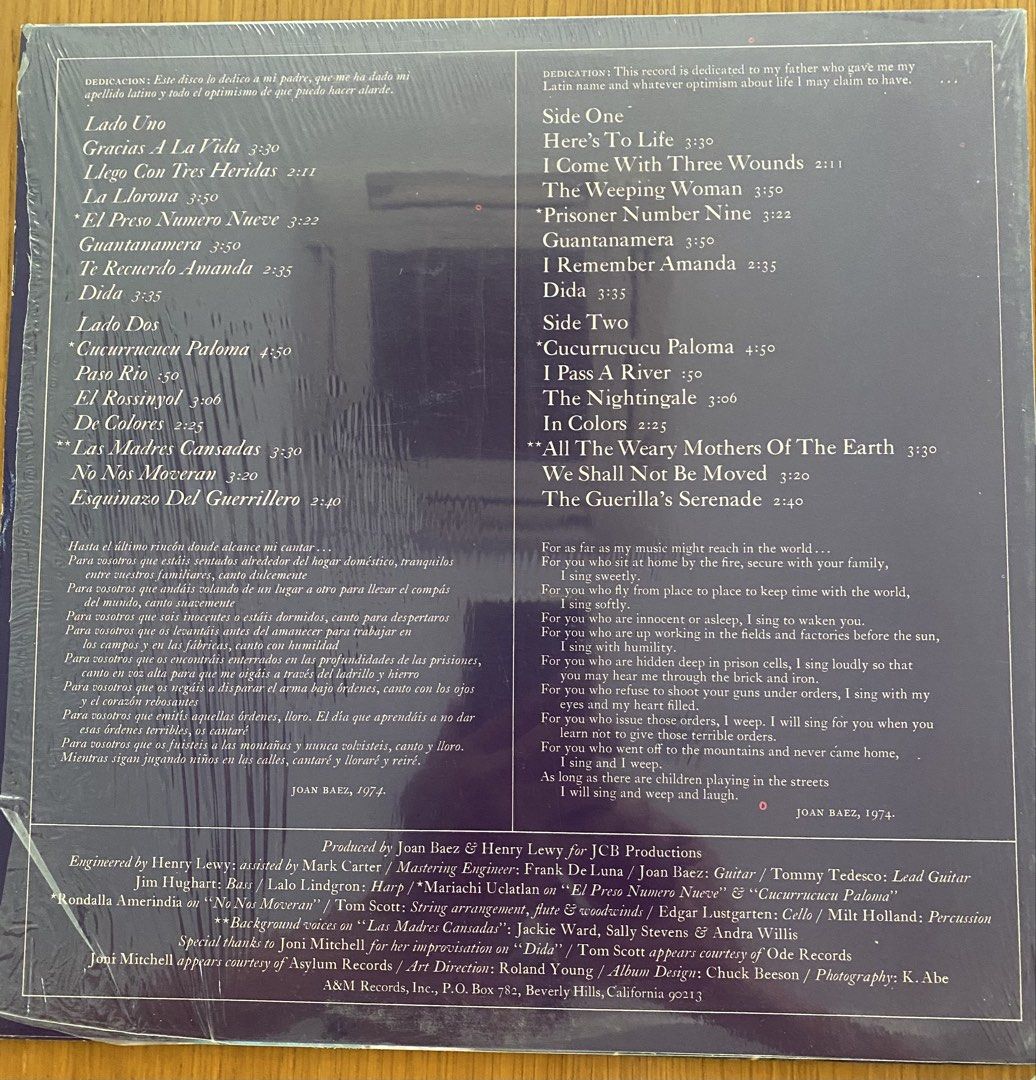 Vinyl / LP: folk - John Baez Gracias à la Vida (Here’s to life), Canadian A&M Press (Category: Vinyls) located in Singapore. Submitted by dlkchang (Listing ID 1455023195, Image 2). Description: In excellent condition. Cover is graded as Near Mint, still in shrink. Vinyl is visually and playgraded as Near Mint. Vinyl has been cleaned. .