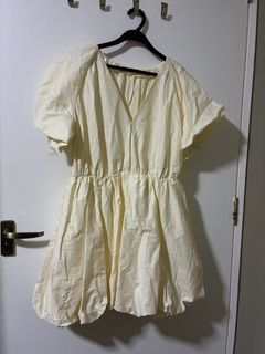 Cream V-neck Puff Sleeve Bubble Hem Dress