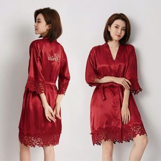 🔥Dark Red Sexy Pretty Beautiful Modern Elegant Comfortable Kimono Bride Ice Silk Satin Lace Robe Sleeping Comfy Wear Bathrobe Wedding Silky Smooth Bridal Make Up Photoshoot Bridesmaid Girl Bachelorette Girlfriend Team Hen Party Night Gift Celebration